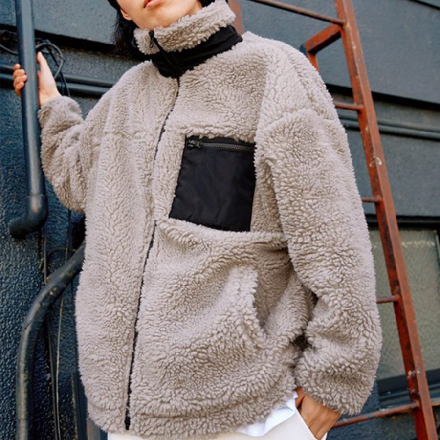 

Men's Cool Loose Grey Lamb Wool Jacket