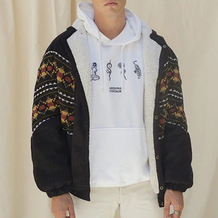 

Mens Winter Vintage Patchwork Polar Fleece Jacket
