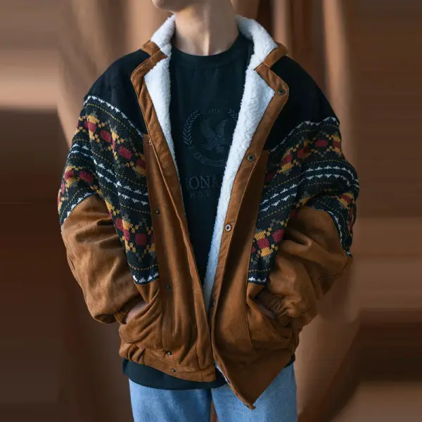 Mens Vintage Suede Patchwork Polar Fleece Jacket - Yiyistories.com 