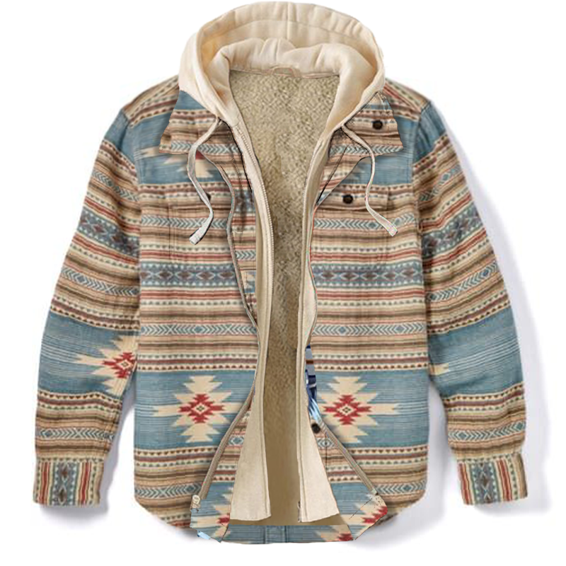 Ethnic Geometric Texture Fleece Hooded Jacket
