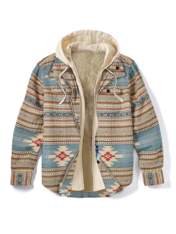 Ethnic Geometric Texture Fleece Hooded Jacket - Valiantlive.com 