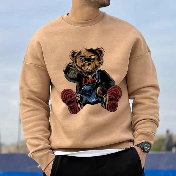 Bear Print Men's Fashion Khaki Crew Neck Sweatshirt - Sanhive.com 