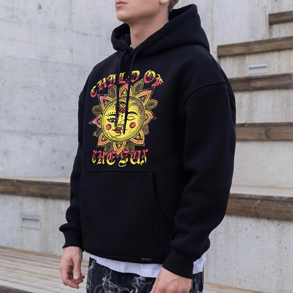 Sun And Moon Print Men's Casual Black Hooded Sweatshirt