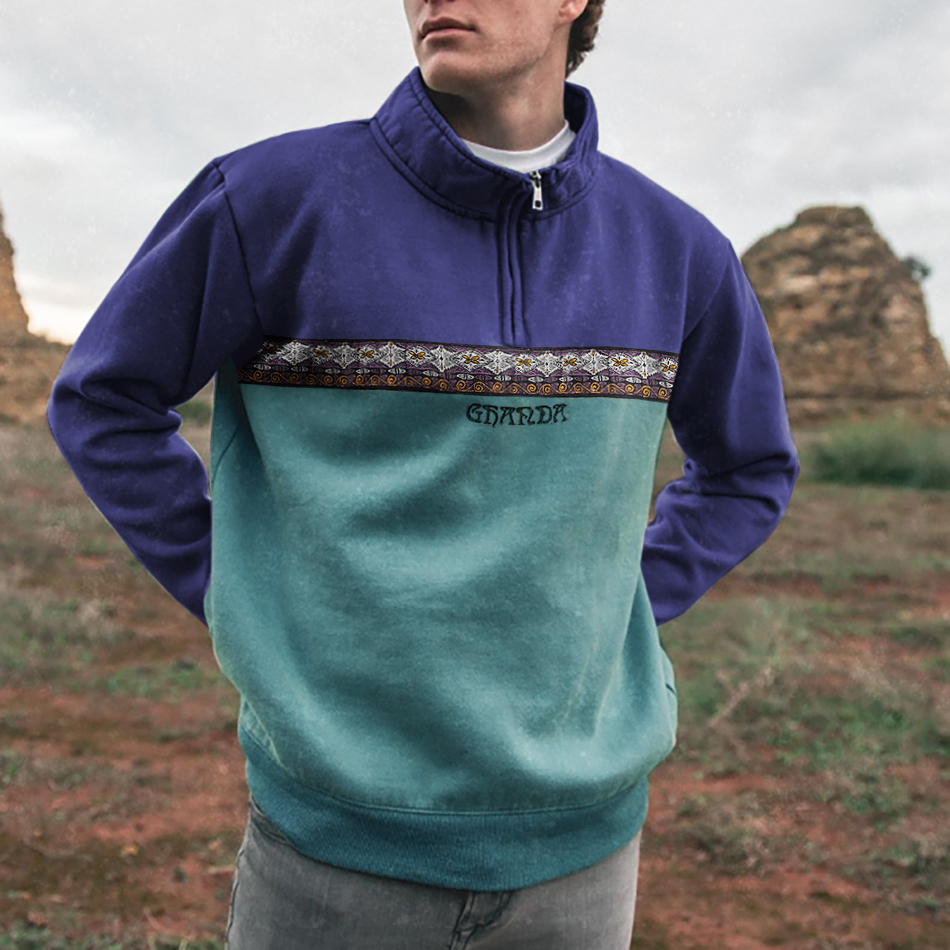 Men's Vintage Print Polo Neck Sweatshirt