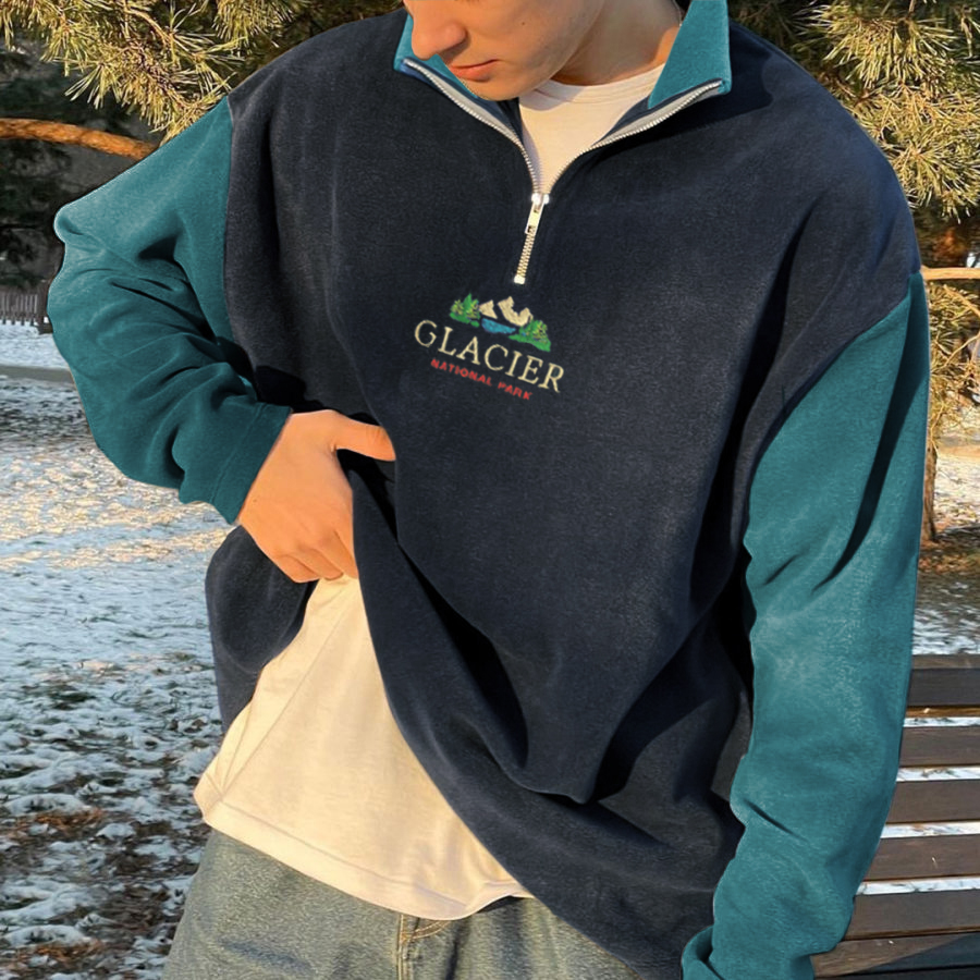 Men's Vintage Color Contrast Print Polo Neck Sweatshirt