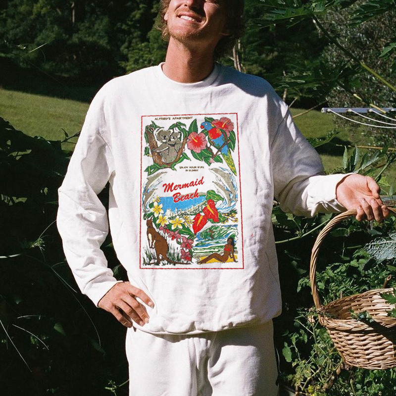 Unisex Retro Mermaid Beach Graphic Printed Crew Sweatshirt