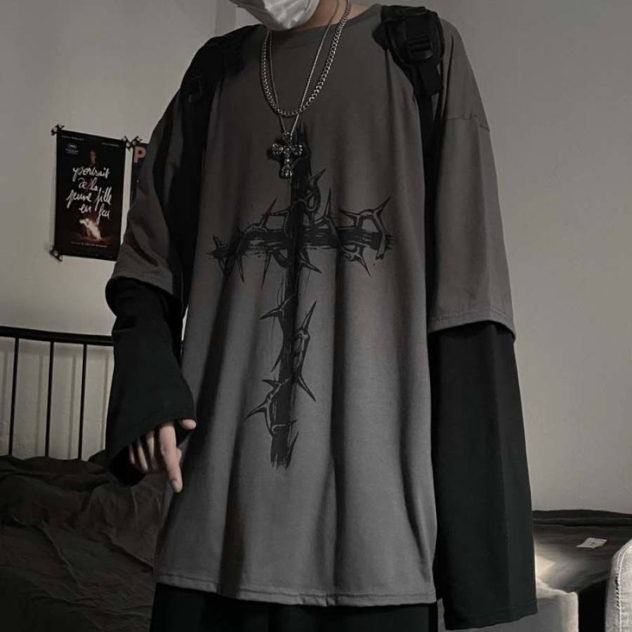 

Harajuku Thorn Cross Print Fake Two Piece Panel Long Sleeve T-Shirt