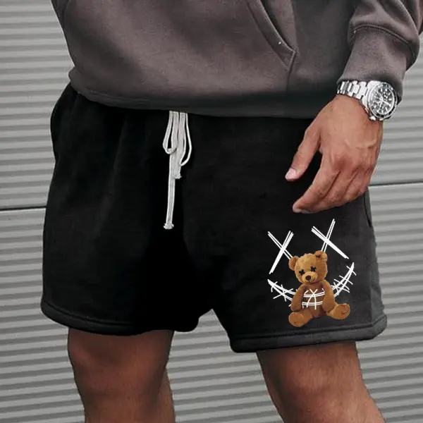 Men's Retro Smiley Teddy Bear Print Casual Sports Shorts - Paleonice.com 