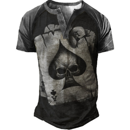 Men's Outdoor Vintage Skull Poker Print Henley Shirts