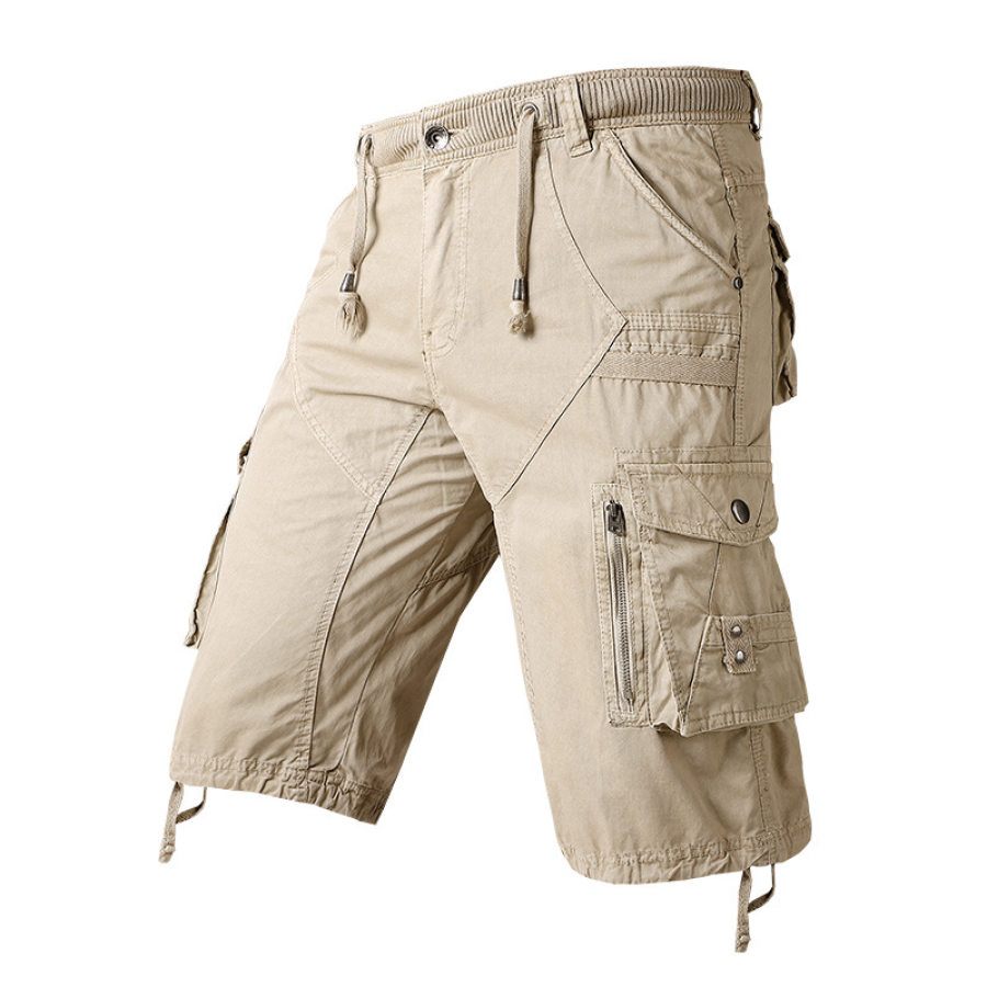 

Men's Drawstring Elastic Waist Zip Multi Pocket Cotton Cargo Shorts