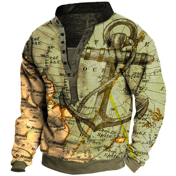Men's Outdoor Tactical Map Nautical Tactical Print Henley Sweatshirt ...