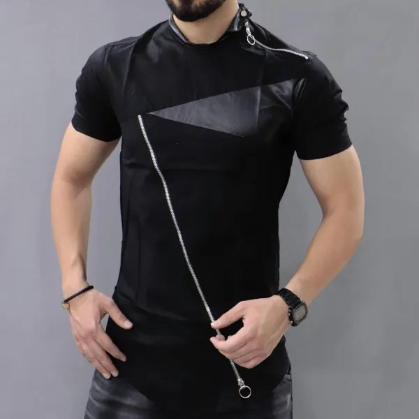 Men's Leather Panel Zip Short Sleeve T-Shirt - Fineyoyo.com 