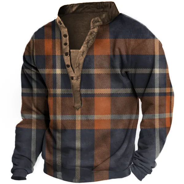 Men's Outdoor Vintage Plaid Henley Collar Sweatshirt - Nikiluwa.com 