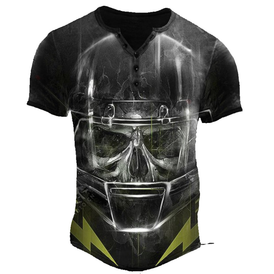 

Men's Vintage Skull Print Henley Short Sleeve T-Shirt