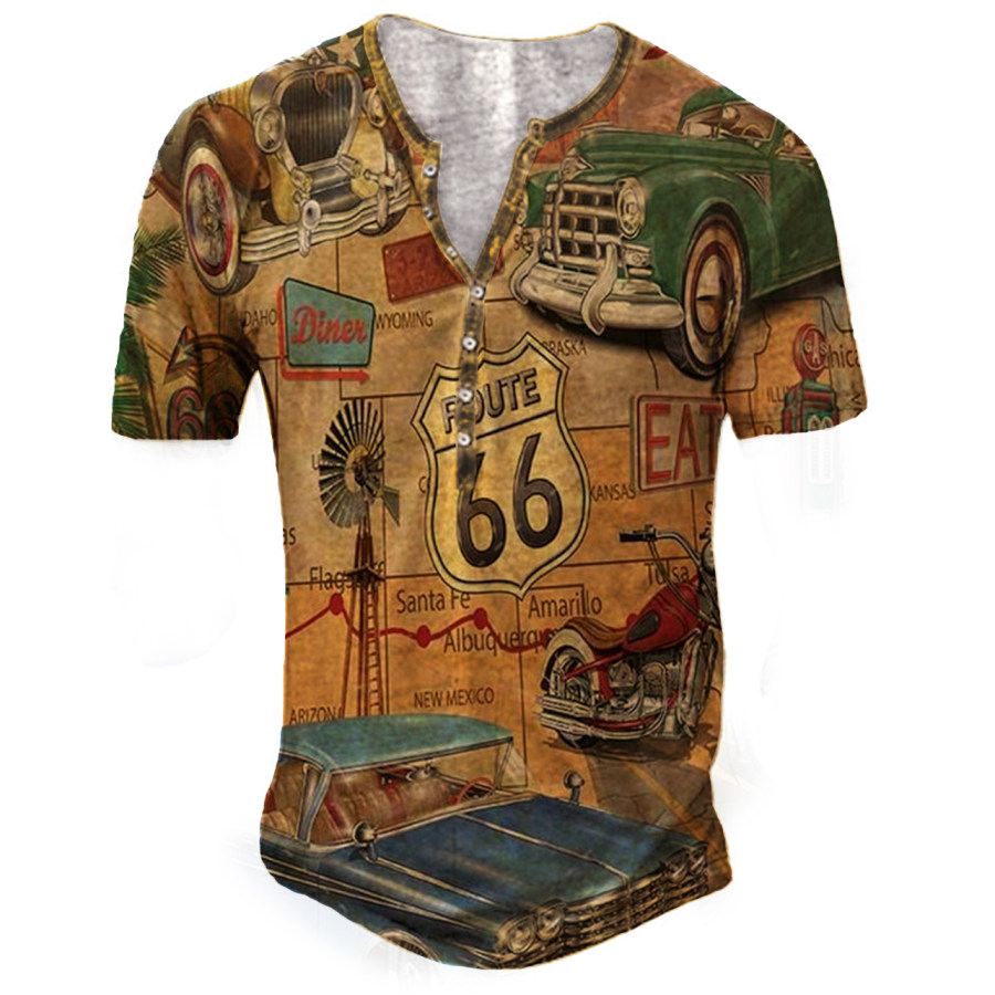 

Men's Outdoor Vintage Route 66 Print Henley T-Shirt