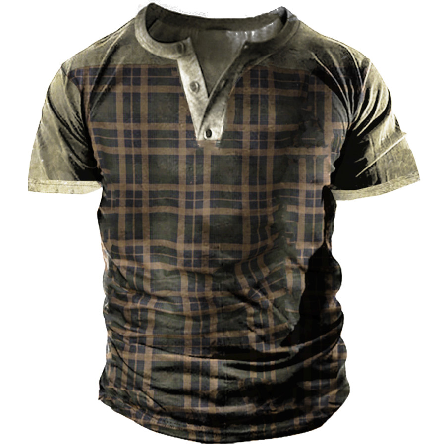 

Men's Outdoor Vintage Check Print Henley Shirt