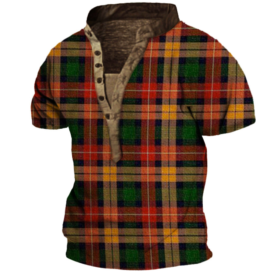 

Men's Outdoor Vintage Print Casual Henley Short Sleeve Shirt