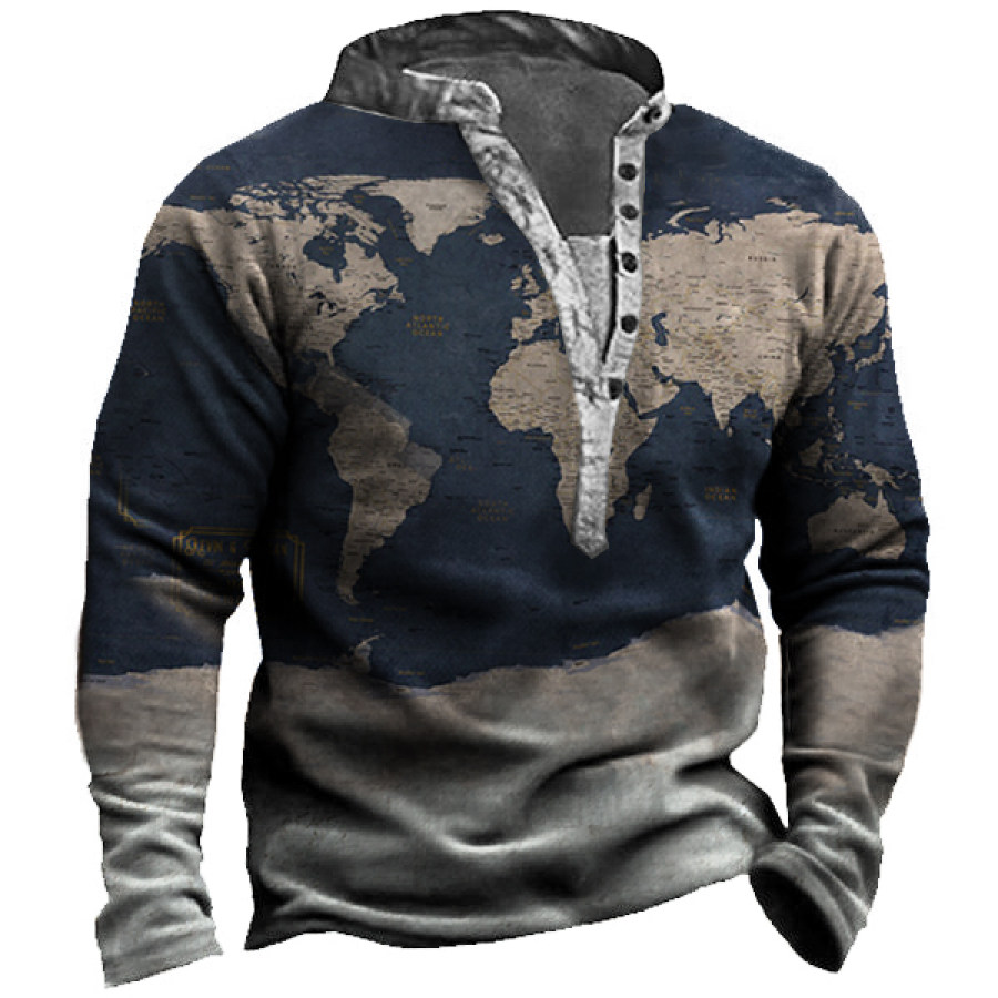 

Men's Outdoor Tactical Retro World Map Tactical Henley Sweatshirt