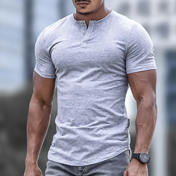 Men's Spring/Summer Henley Stretch Slim T-Shirt - Sanhive.com 