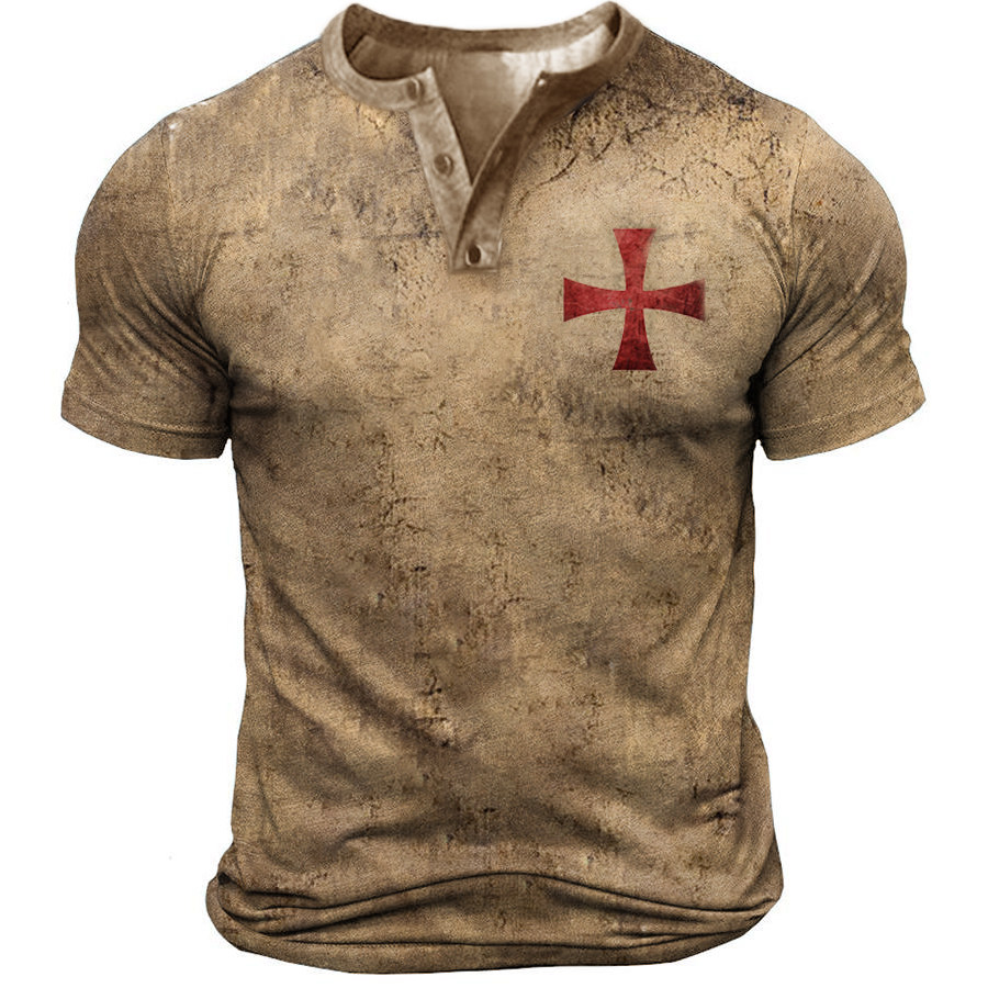 

Men's Outdoor Vintage Cross Print Henley T-Shirt