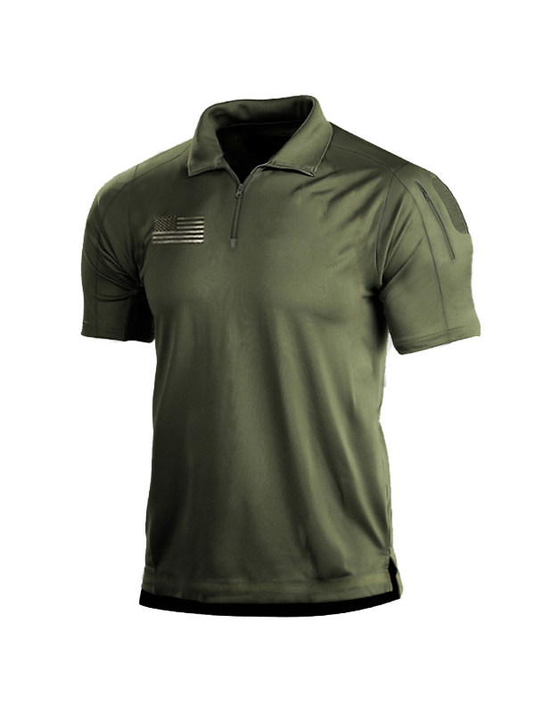 Men's Outdoor American Flag Tactical Zip Polo Collar T-Shirt