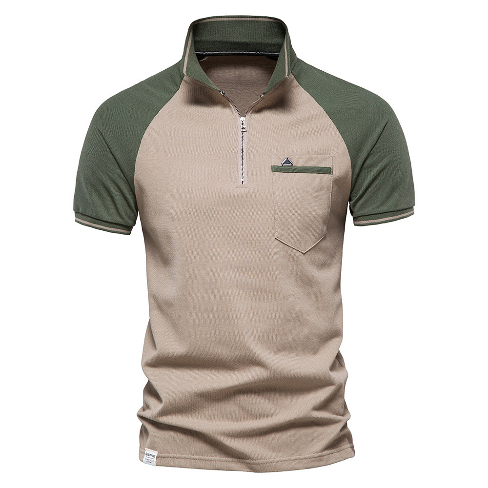 Men's Colorblock Zip Short Sleeve Chic Lapel T-shirt