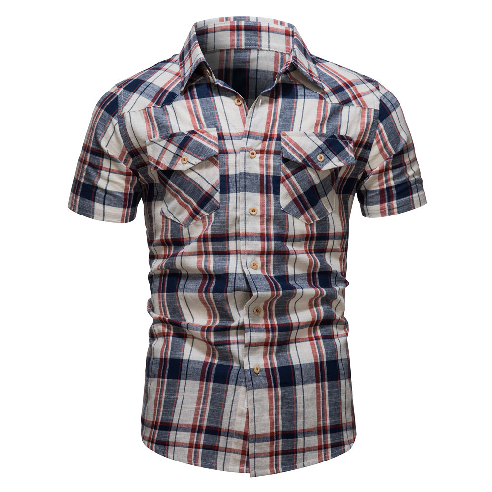 2022 Summer Spot New Chic Plaid Shirt Men's Casual Pocket Decorative Tops Lapel Short-sleeved Tops