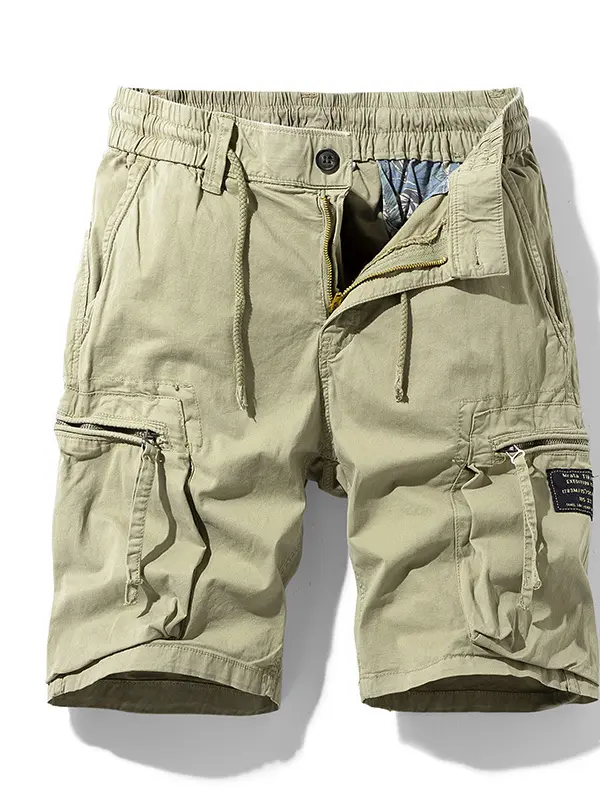 Men's Elastic Waist Drawstring Pocket Micro-Stretch Cotton Sports Cargo Shorts - Oasisjoy.com 