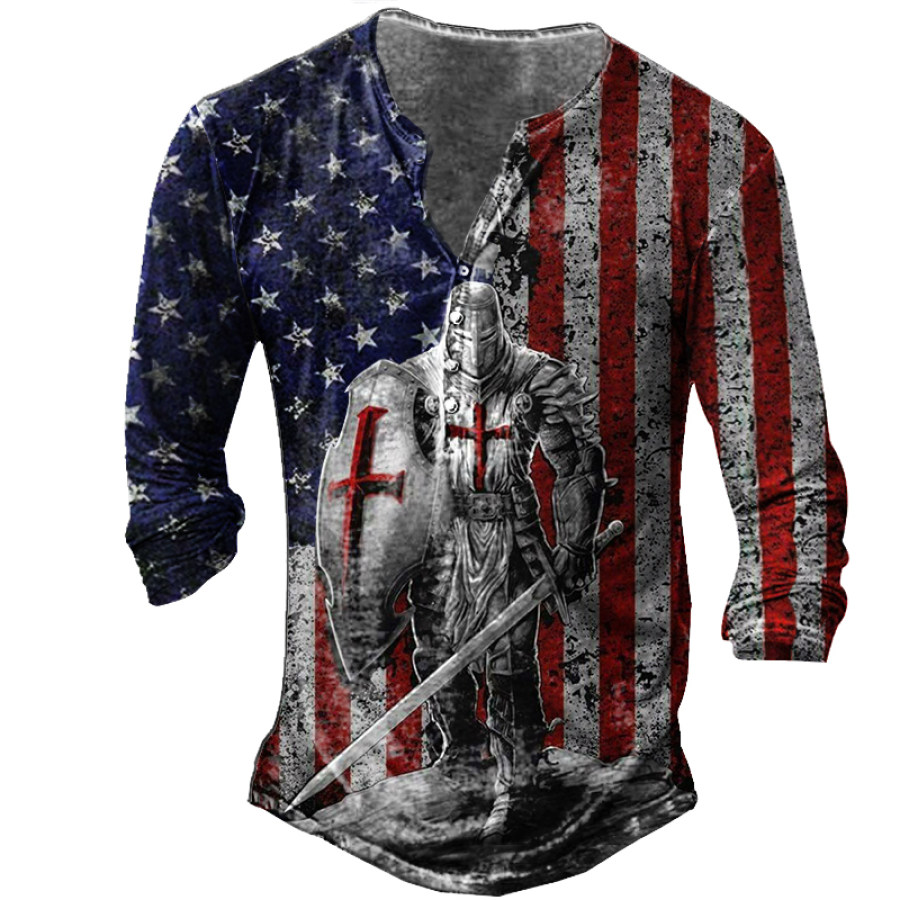 

American Flag Templar Jesus Cross Vintage Print Henley Shirt