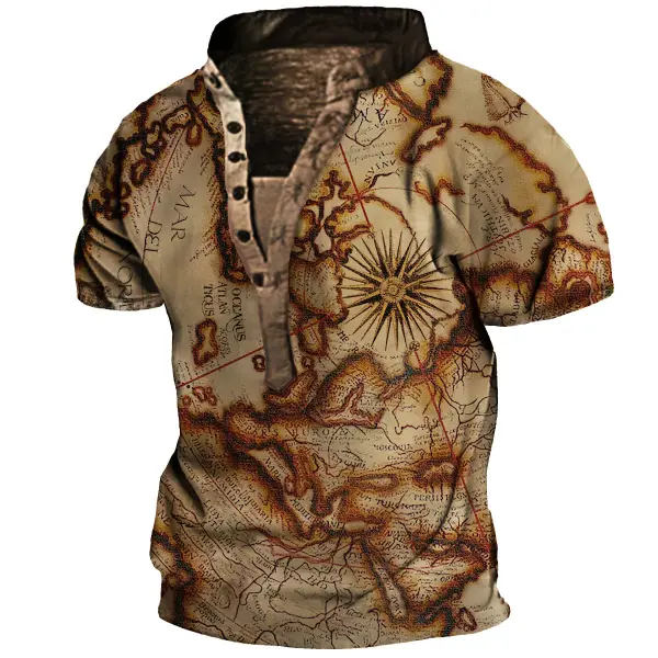 Men's Outdoor Vintage World Map Henley Collar T-Shirt - Cotosen.com 