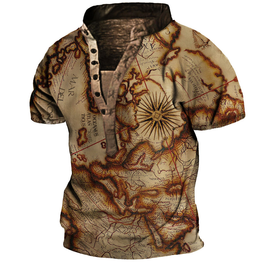 

Camiseta Con Cuello Henley De Mapa Del Mundo Vintage Para Hombre Al Aire Libre