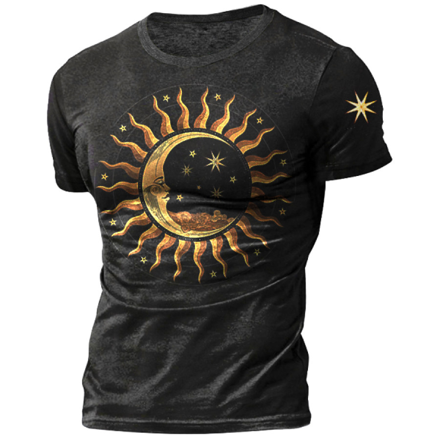 

Мужская хлопковая футболка с винтажным принтом звезды и луны на открытом воздухе
