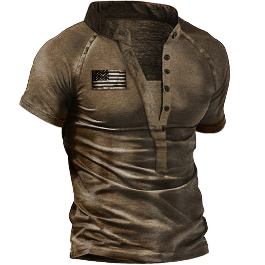 

Men's Outdoor Vintage American Flag Distressed Cotton Henry T-Shirt