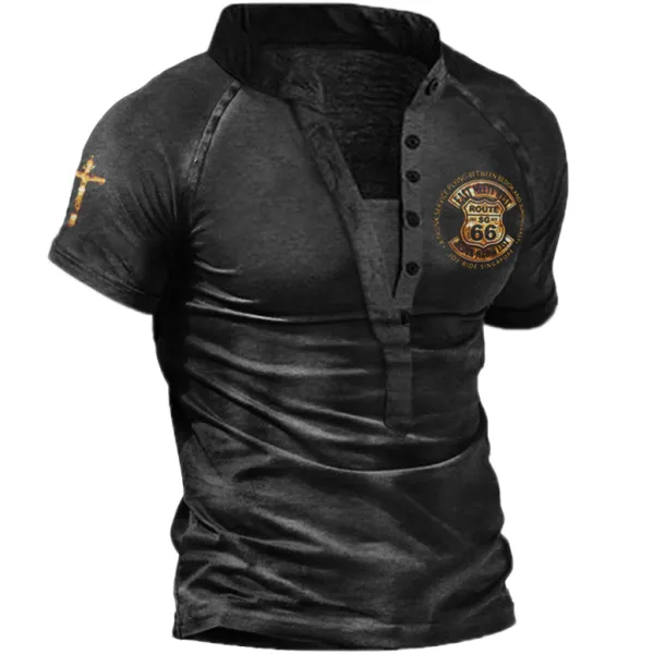 Men's Outdoor Vintage Route 66 Cotton Henley T-Shirt - Kalesafe.com 
