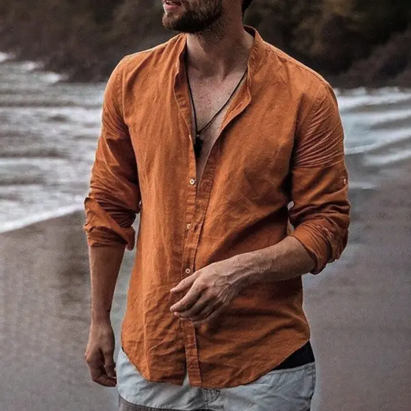 Camicia Da Uomo In Lino Traspirante Aperta A Maniche Lunghe Larghe - Paleonice.com 