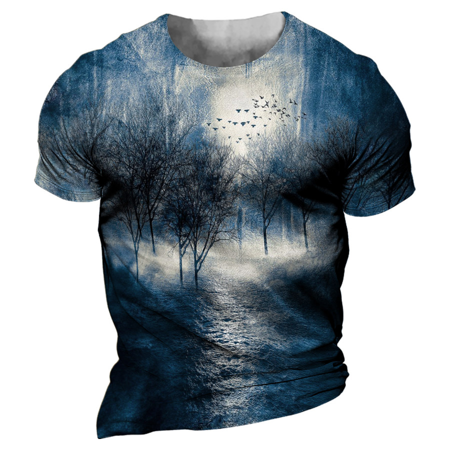 Natural Landscape Oil Painting Men's Vintage Print Short Sleeve T-Shirt