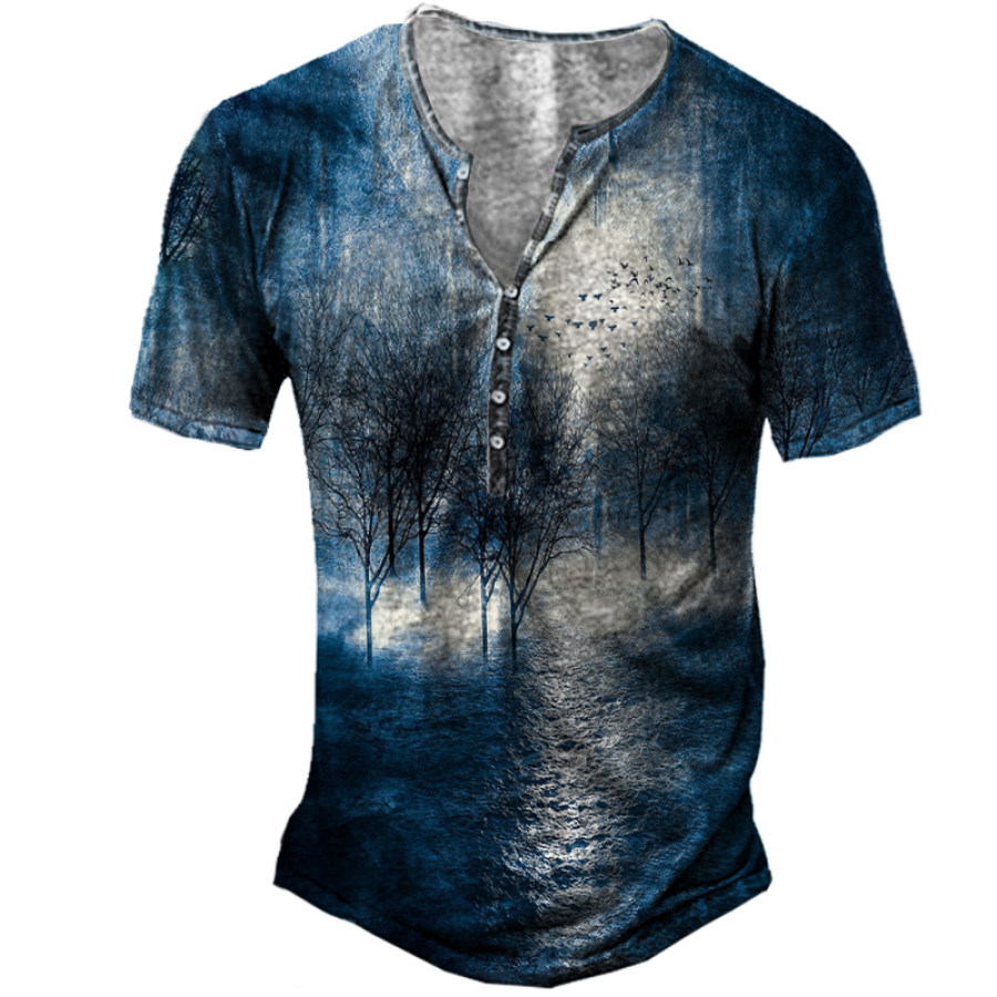

Natural Landscape Oil Painting Men's Vintage Print Henley Short Sleeve T-Shirt