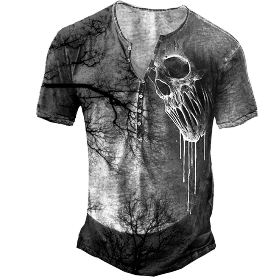 Skull Print Men's Outdoor Henley Short Sleeve T-Shirt