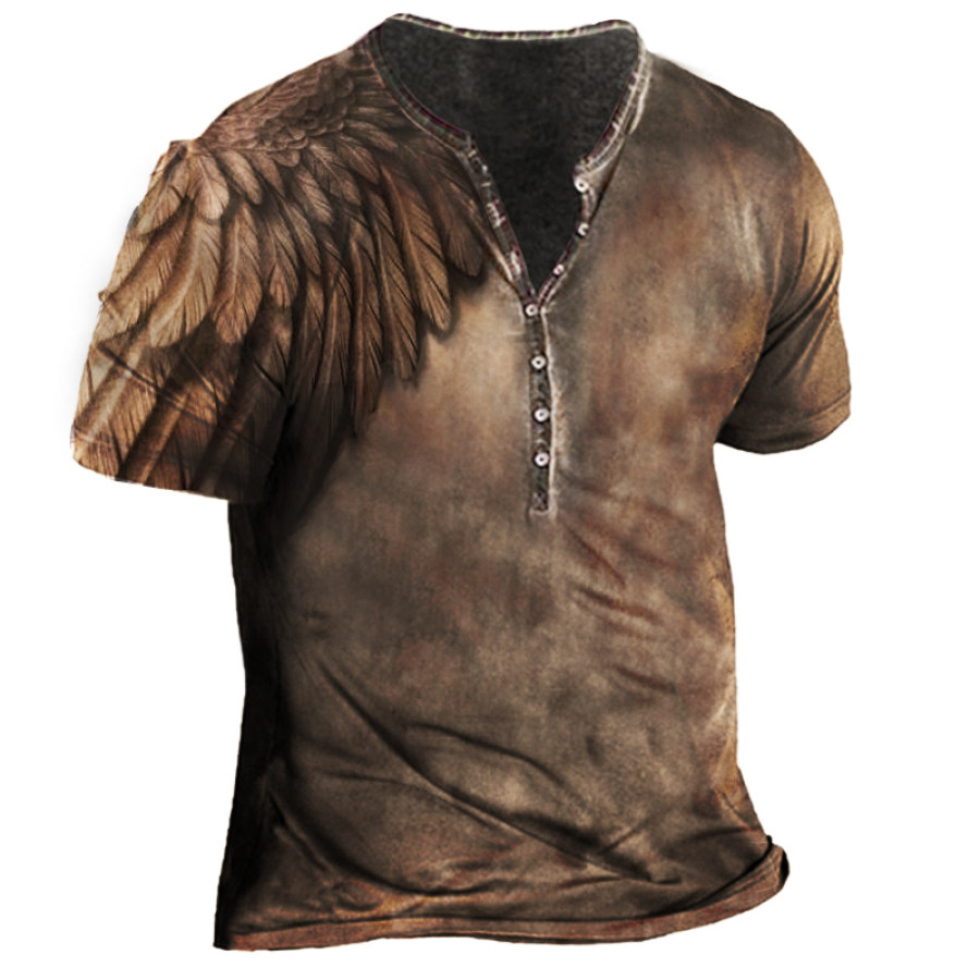 

Liberty Eagle Tattoo Print Men's Vintage Henley Short Sleeve T-Shirt