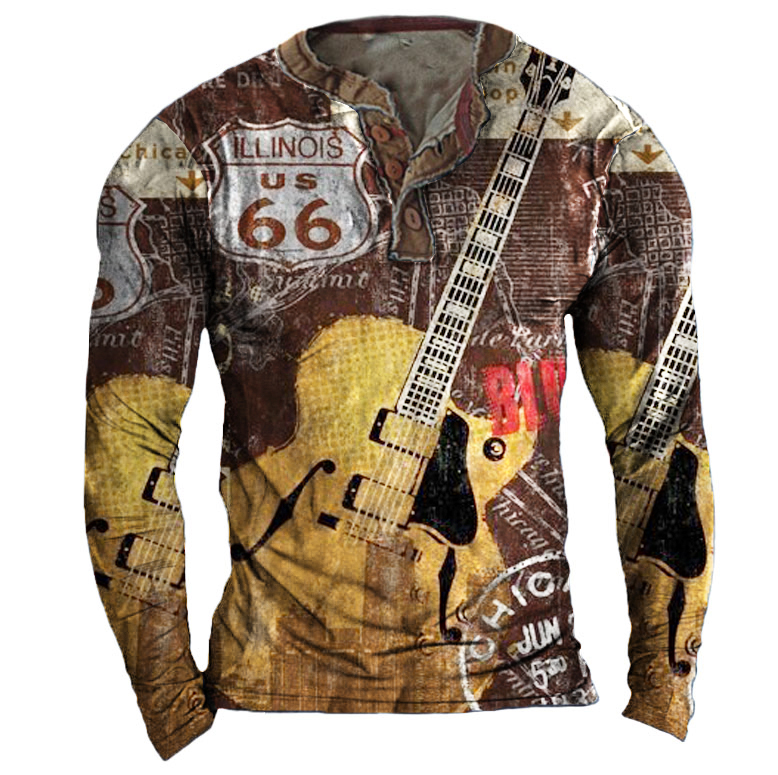 Men's Route 66 Music Chic Vintage Long Sleeves Henley Shirt