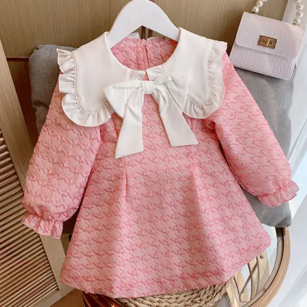 【3Y-10Y】Girls Pink Houndstooth Pattern Lapel Long Sleeve Dress - Thefolls.com 