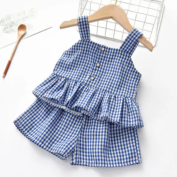 【12M-7Y】Girl Sweet Plaid Square Neck Ruffle Top And Shorts Set - 34360 - Thefolls.com 