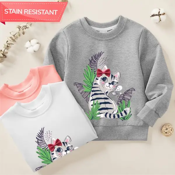 【12M-9Y】Girl Cotton Stain Resistant Cute Cat Print Long Sleeve Sweatshirt - Thefolls.com 