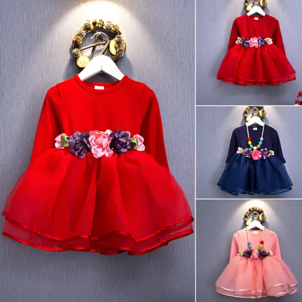 【12M-6Y】Girls Applique Mesh Long Sleeve Dress - Thefolls.com 