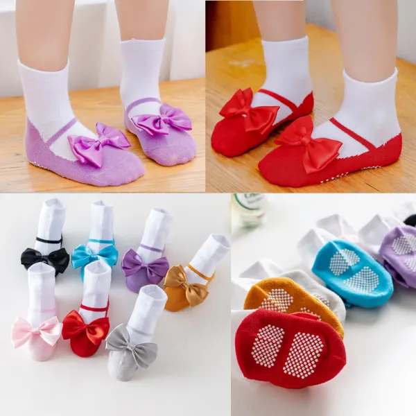 Baby Girl Bowknot Non-slip Colorblock Shoes Socks - Thefolls.com 