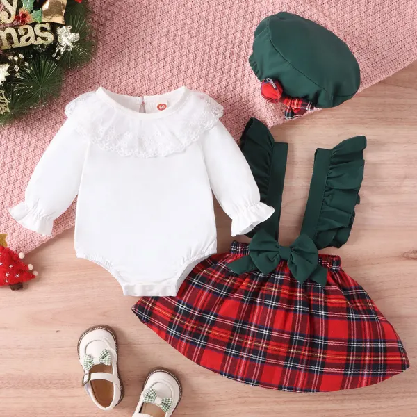 【0M-24M】3-piece Baby Girl Christmas Lace Doll Collar Long Sleeve Romper And Plaid Overalls Set With Hat - Thefolls.com 