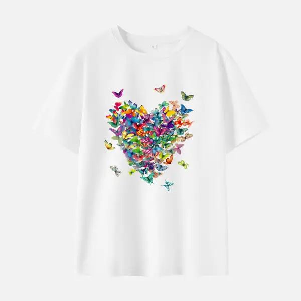 Women Colorful Butterfly Print Cotton Stain Resistant Short Sleeve T-shirt - Thefolls.com 