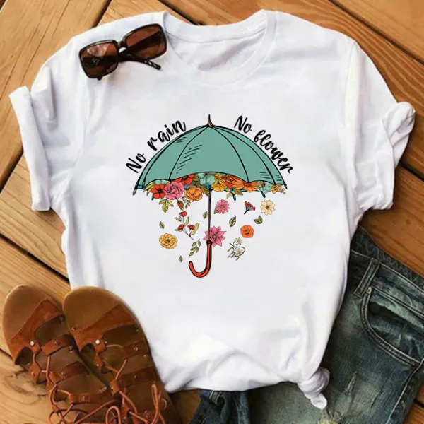 Woman Cotton Stain Resistant Umbrellas And Flowers And Letter Print Short Sleeve T-shirt - Thefolls.com 