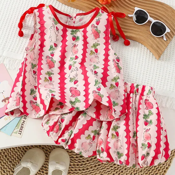 【12M-7Y】2-piece Girls Red Bunny Print Top And Shorts Set - Thefolls.com 