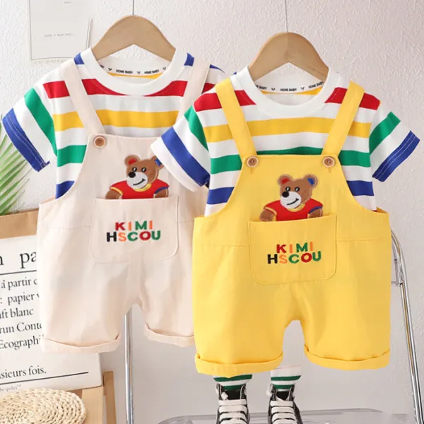 【12M-4Y】2-piece Boys Casual Rainbow-colored Striped T-shirt And Bear And Letter Embroidery Backpack Pants Set - Thefolls.com 